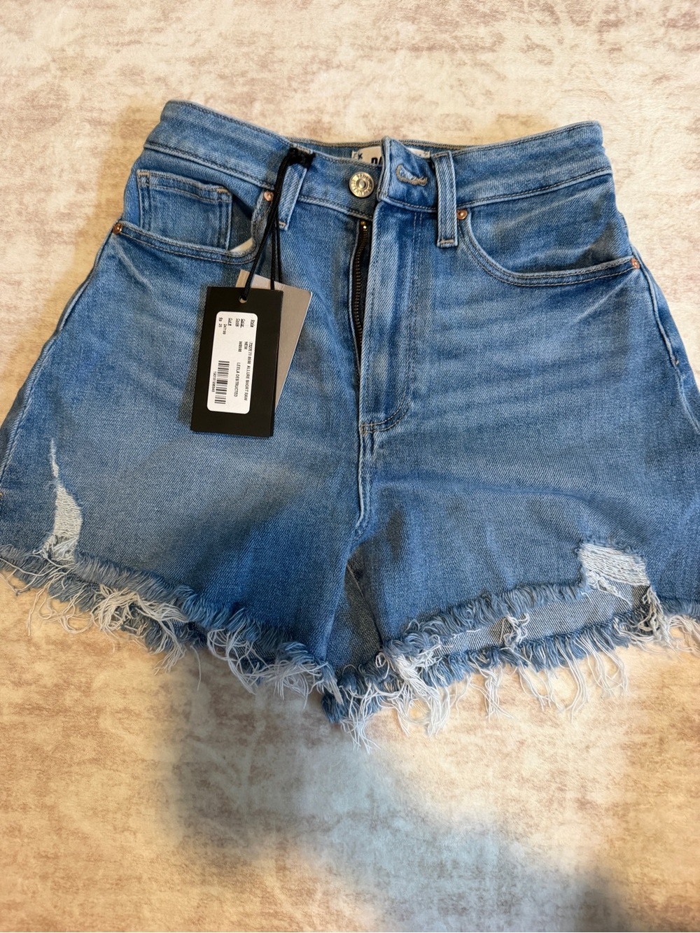 PAIGE Medium Blue Distressed Frayed Hem Denim Shorts